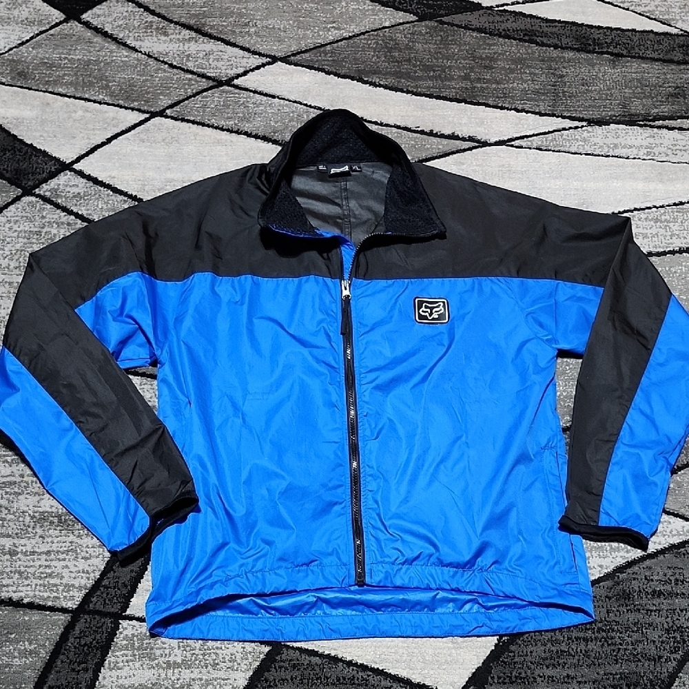 VINTAGE FOX RACING FULL-ZIP BLACK & BLUE COLOR-BLACK WINDBREAKER JACKET XL